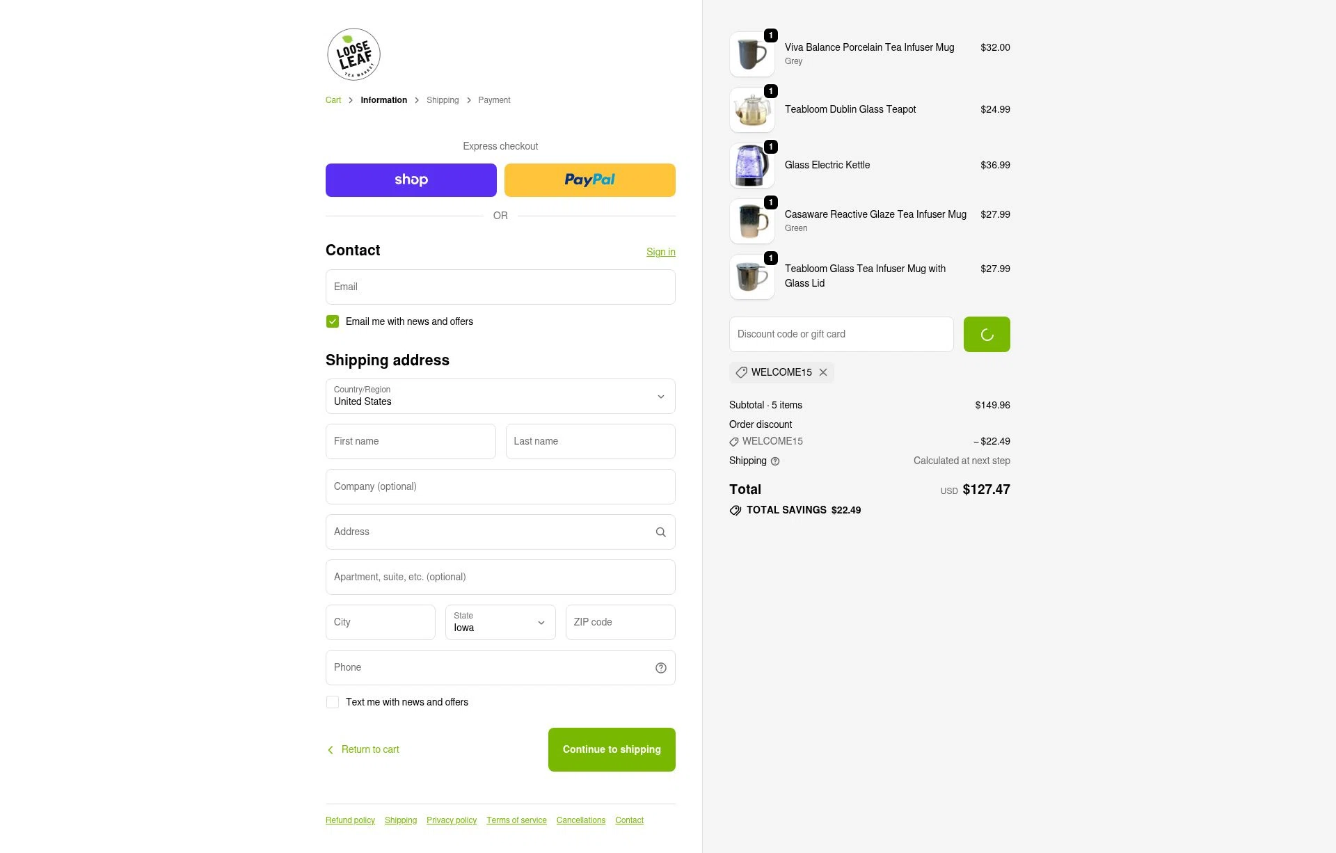 Loose Leaf Tea Market checkout page showing Loose Leaf Tea Market promo code box | Screenshot taken by SimplyCodes community member on Feb 3, 2026