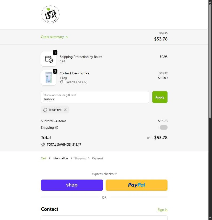 Loose Leaf Tea Market checkout page showing Loose Leaf Tea Market promo code box | Screenshot taken by SimplyCodes community member on Feb 5, 2026