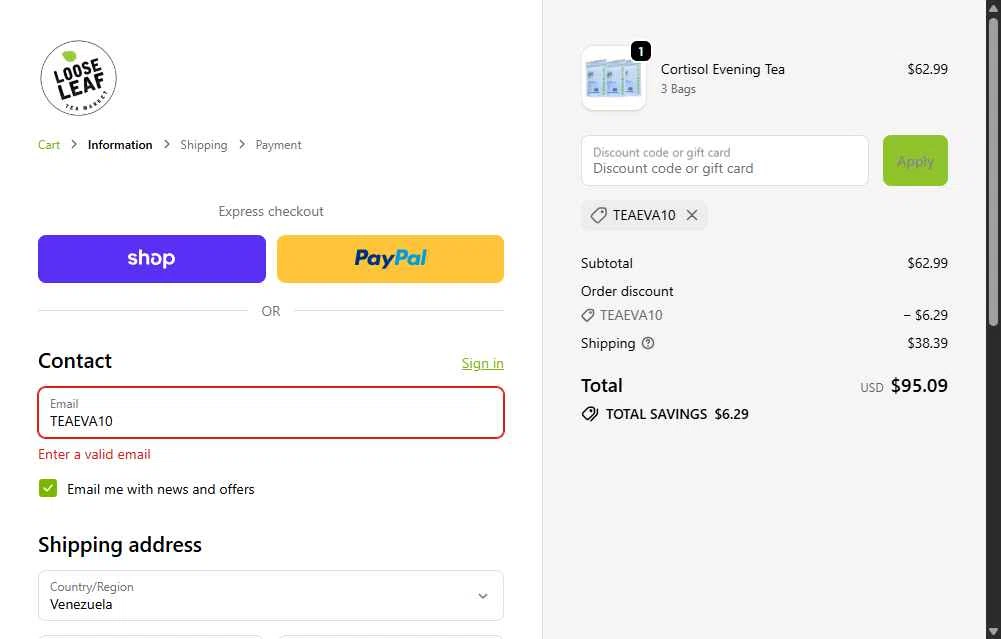 Loose Leaf Tea Market checkout page showing Loose Leaf Tea Market promo code box | Screenshot taken by SimplyCodes community member on Feb 5, 2026
