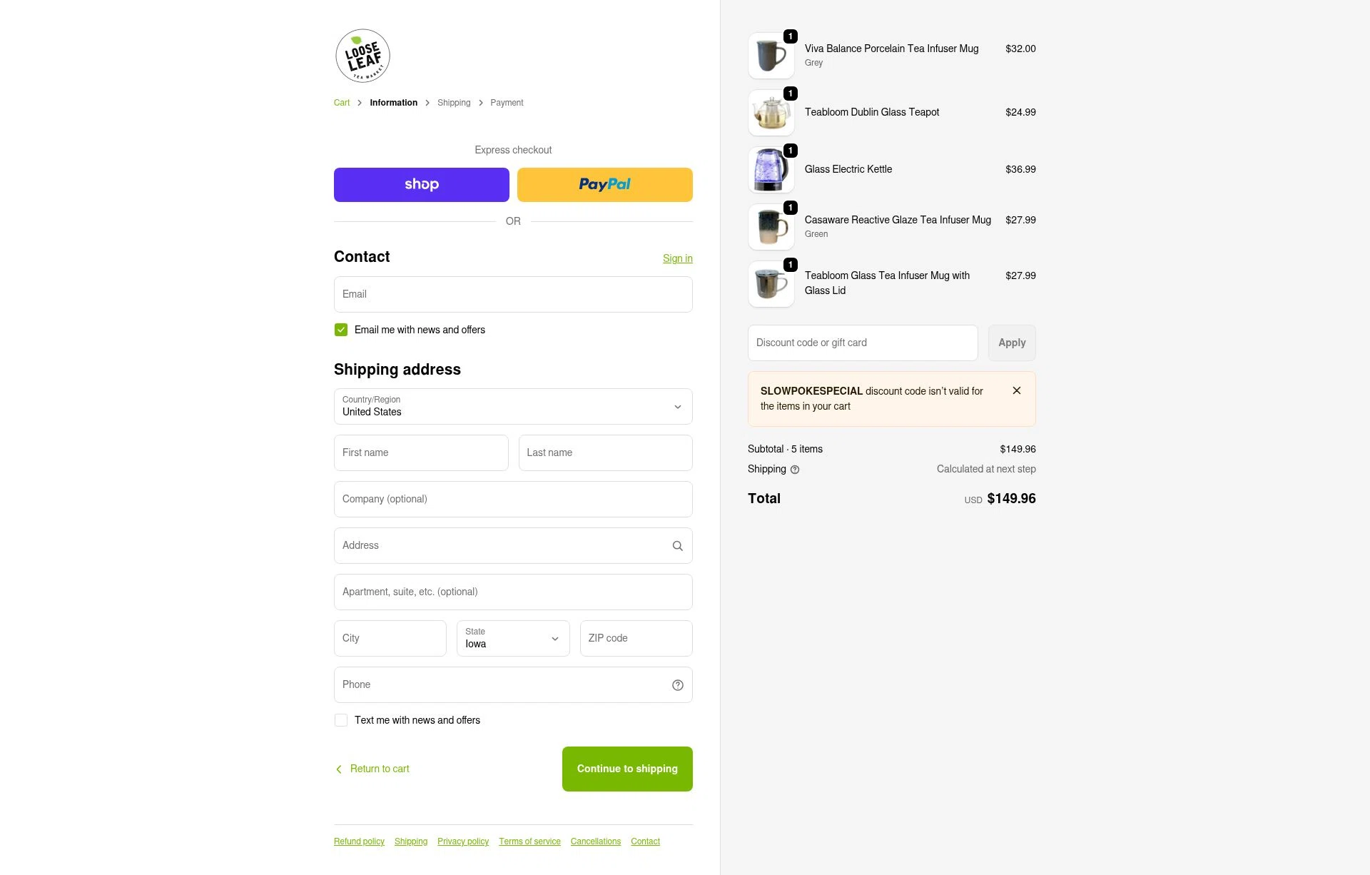 Loose Leaf Tea Market checkout page showing Loose Leaf Tea Market promo code box | Screenshot taken by SimplyCodes community member on Feb 3, 2026
