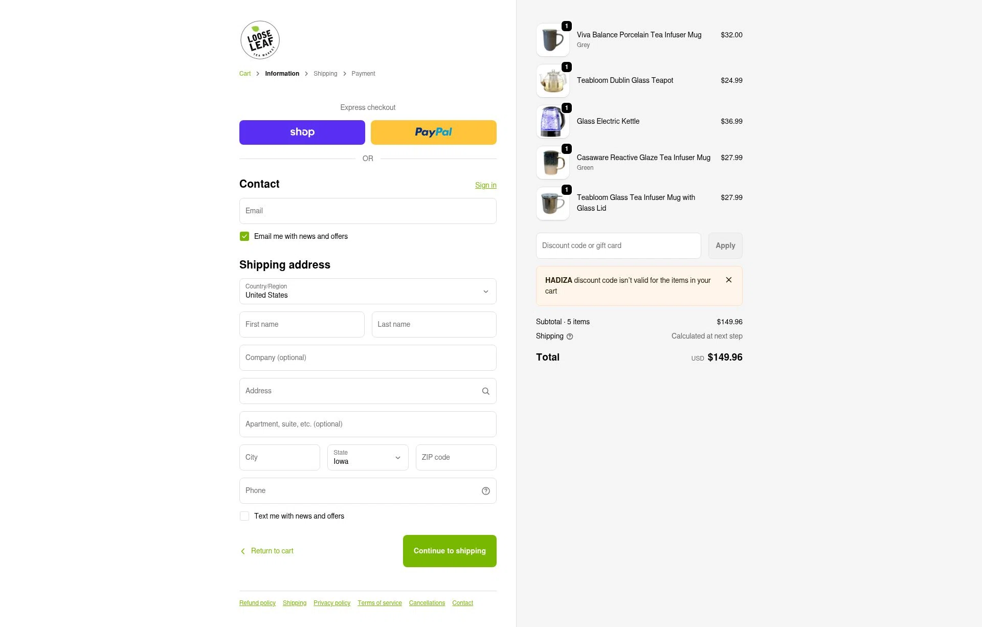 Loose Leaf Tea Market checkout page showing Loose Leaf Tea Market promo code box | Screenshot taken by SimplyCodes community member on Feb 3, 2026