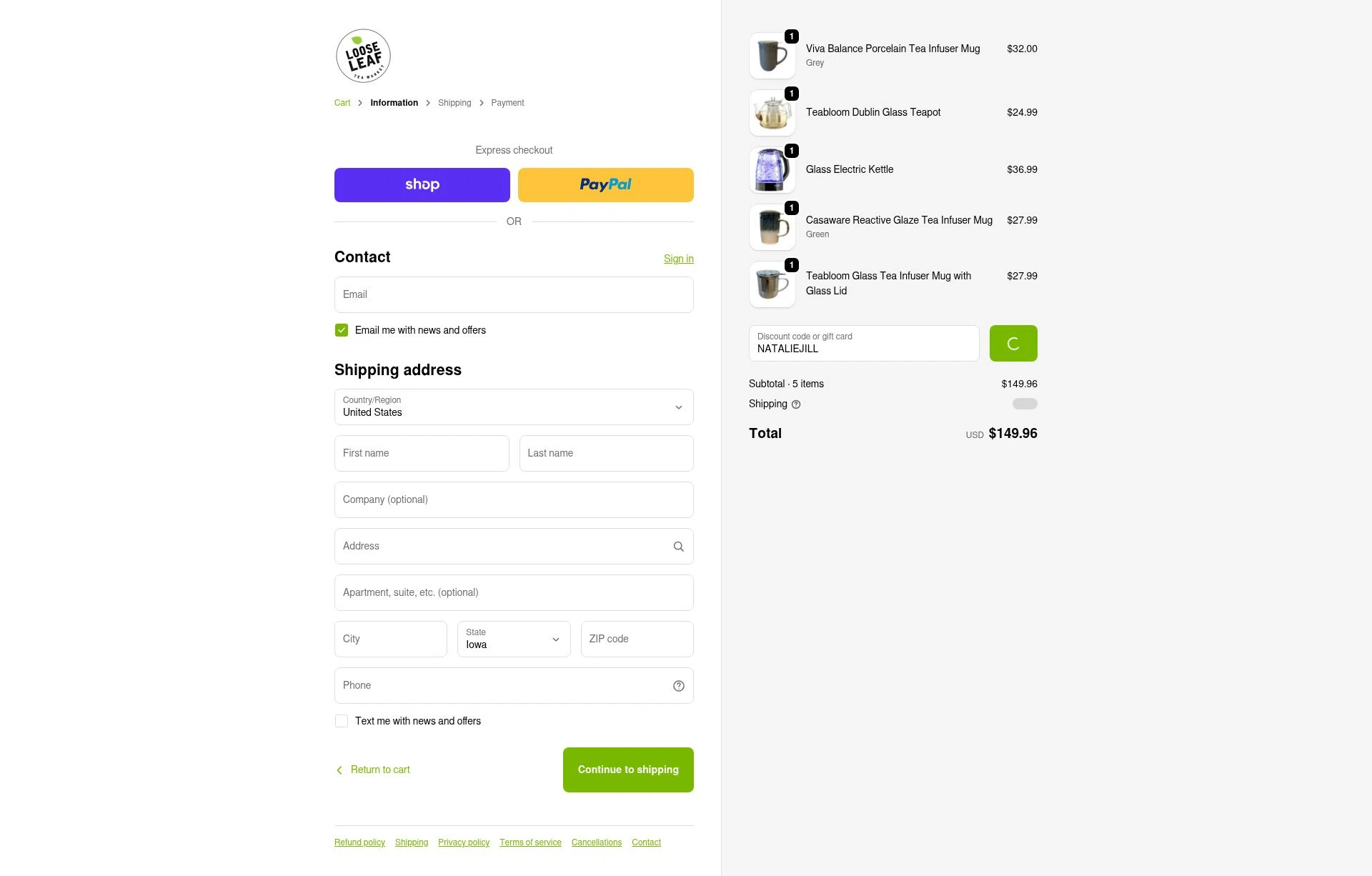 Loose Leaf Tea Market checkout page showing Loose Leaf Tea Market promo code box | Screenshot taken by SimplyCodes community member on Feb 3, 2026