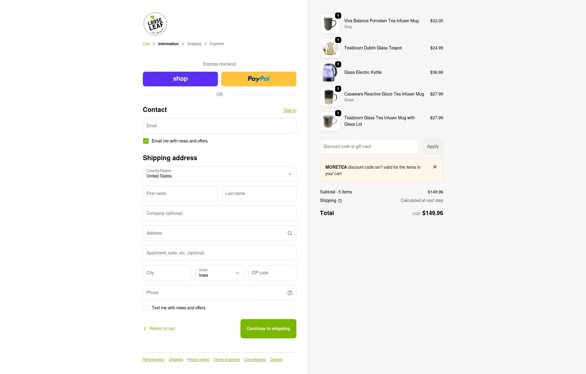 Loose Leaf Tea Market checkout page showing Loose Leaf Tea Market promo code box | Screenshot taken by SimplyCodes community member on Feb 3, 2026