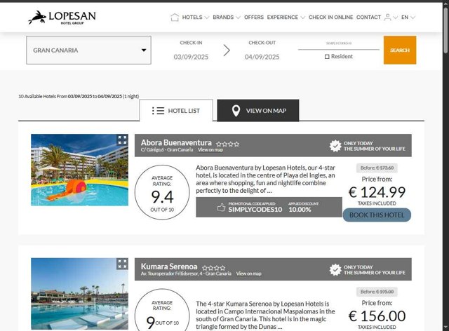 Lopesan Hotels checkout page showing Lopesan Hotels promo code box | Screenshot taken by SimplyCodes community member on Sep 3, 2025