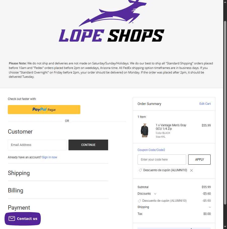 Lope Shops checkout page showing Lope Shops promo code box | Screenshot taken by SimplyCodes community member on Jan 29, 2026