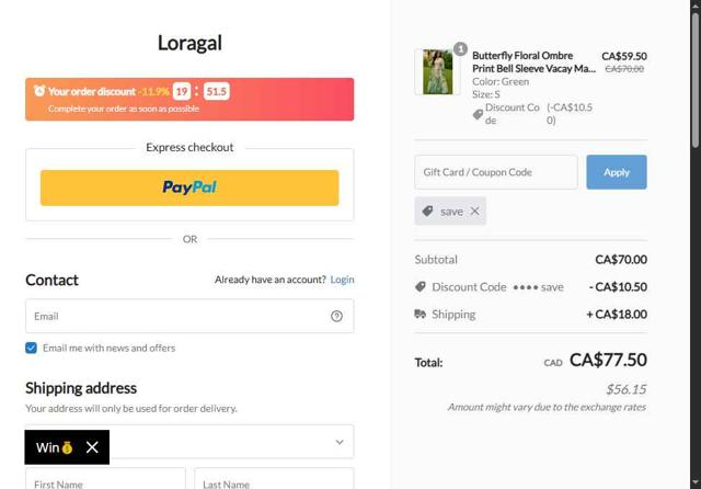 LORAGAL checkout page showing LORAGAL coupon code box | Screenshot taken by SimplyCodes community member on Sep 10, 2025