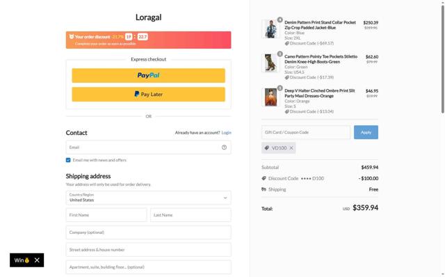 LORAGAL checkout page showing LORAGAL coupon code box | Screenshot taken by SimplyCodes community member on Sep 10, 2025