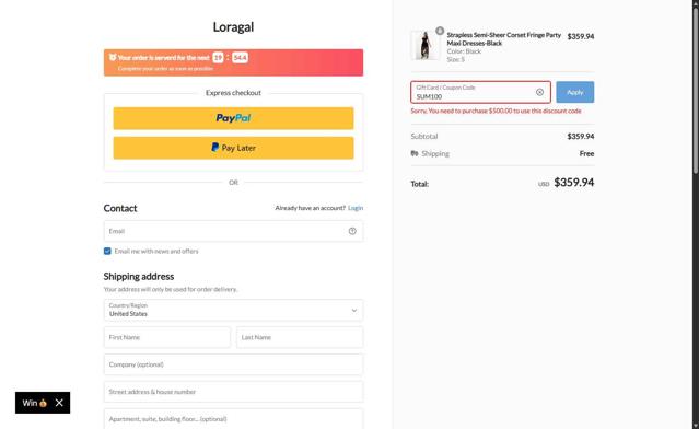 LORAGAL checkout page showing LORAGAL coupon code box | Screenshot taken by SimplyCodes community member on Sep 10, 2025