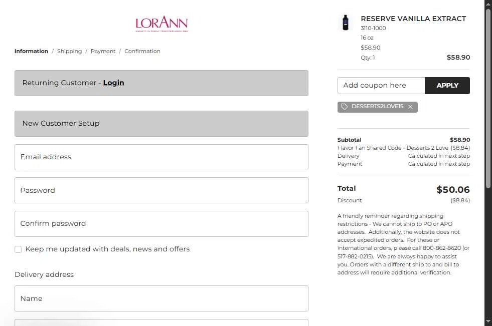 LorAnn Oils checkout page showing LorAnn Oils coupon code box | Screenshot taken by SimplyCodes community member on Dec 11, 2025