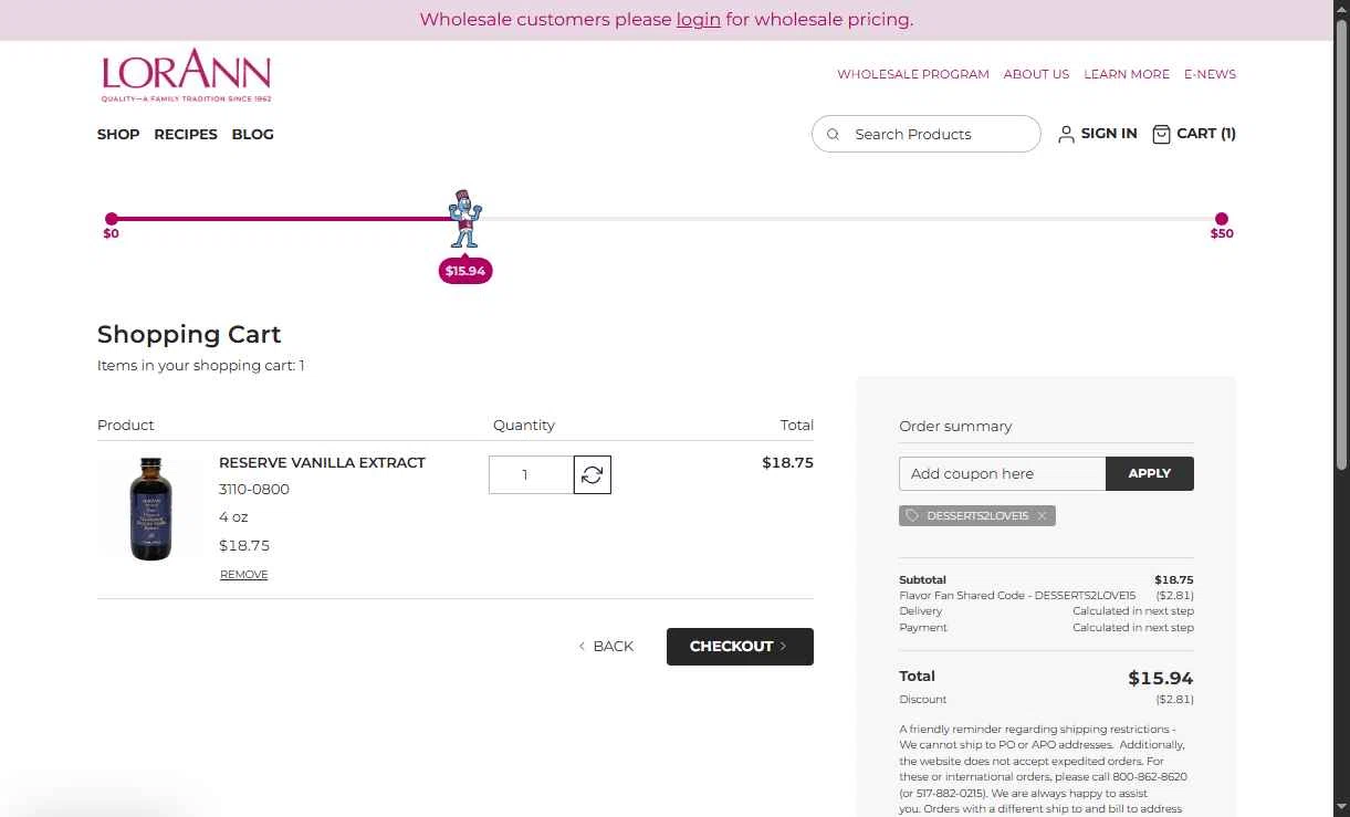 LorAnn Oils checkout page showing LorAnn Oils coupon code box | Screenshot taken by SimplyCodes community member on Jan 8, 2026