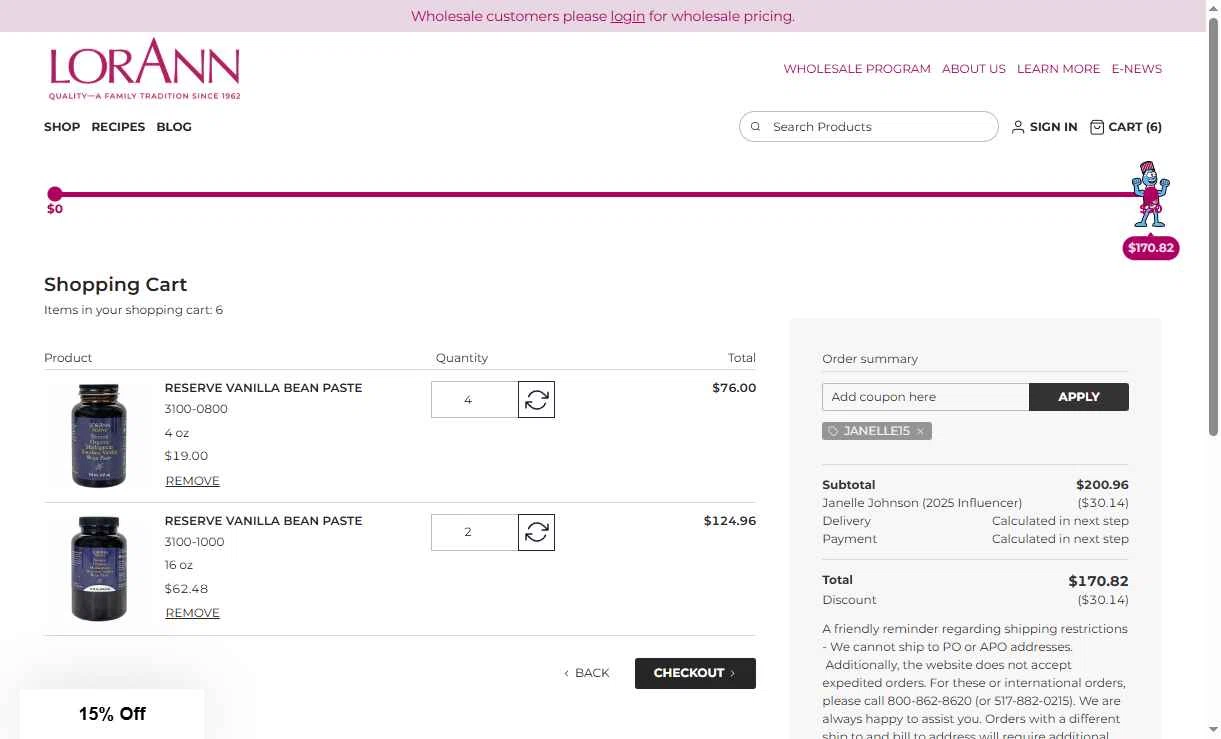 LorAnn Oils checkout page showing LorAnn Oils coupon code box | Screenshot taken by SimplyCodes community member on Dec 11, 2025