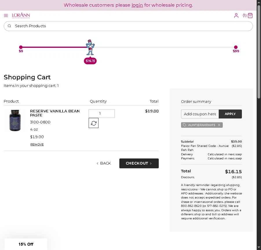 LorAnn Oils checkout page showing LorAnn Oils coupon code box | Screenshot taken by SimplyCodes community member on Dec 10, 2025