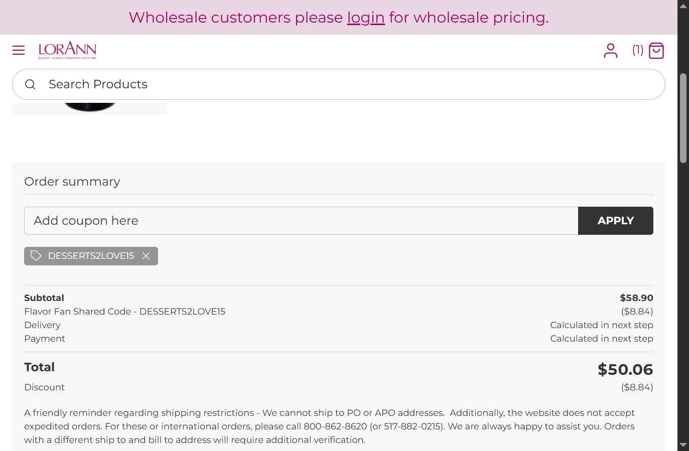 LorAnn Oils checkout page showing LorAnn Oils coupon code box | Screenshot taken by SimplyCodes community member on Feb 6, 2026
