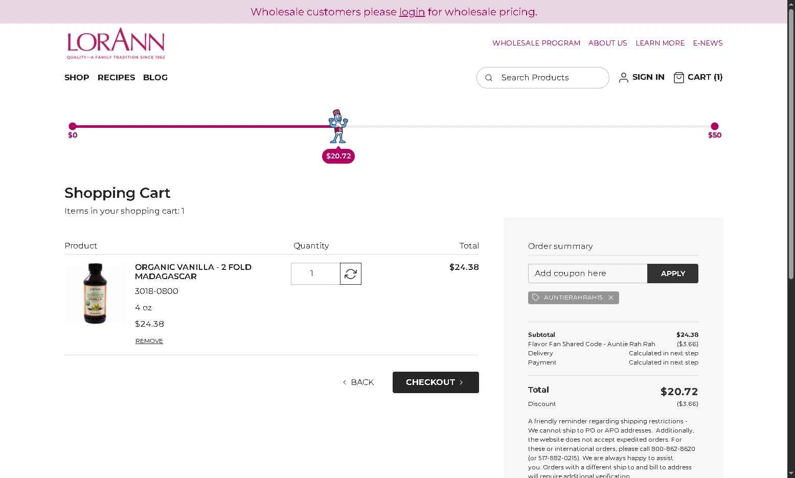 LorAnn Oils checkout page showing LorAnn Oils coupon code box | Screenshot taken by SimplyCodes community member on Dec 10, 2025