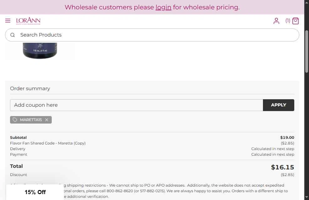 LorAnn Oils checkout page showing LorAnn Oils coupon code box | Screenshot taken by SimplyCodes community member on Dec 10, 2025