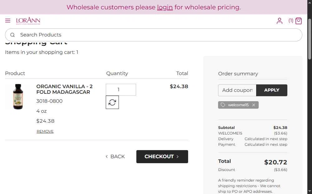 LorAnn Oils checkout page showing LorAnn Oils coupon code box | Screenshot taken by SimplyCodes community member on Dec 10, 2025