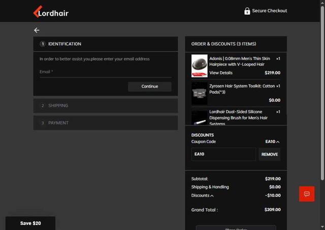 Lordhair checkout page showing Lordhair coupon code box | Screenshot taken by SimplyCodes community member on Aug 29, 2025