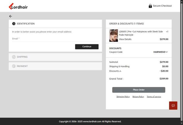 Lordhair checkout page showing Lordhair coupon code box | Screenshot taken by SimplyCodes community member on Sep 3, 2025