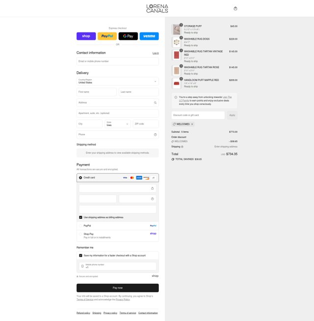 Lorena Canals checkout page showing Lorena Canals promo code box | Screenshot taken by SimplyCodes community member on Sep 5, 2025