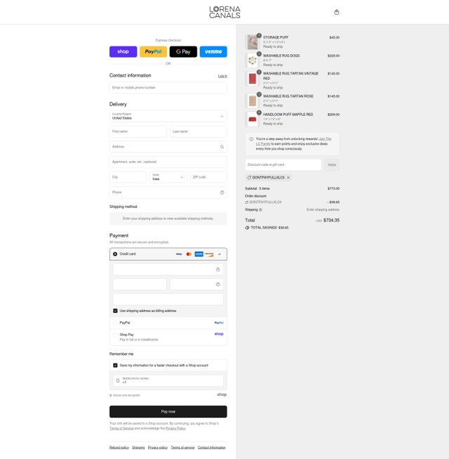 Lorena Canals checkout page showing Lorena Canals promo code box | Screenshot taken by SimplyCodes community member on Sep 5, 2025