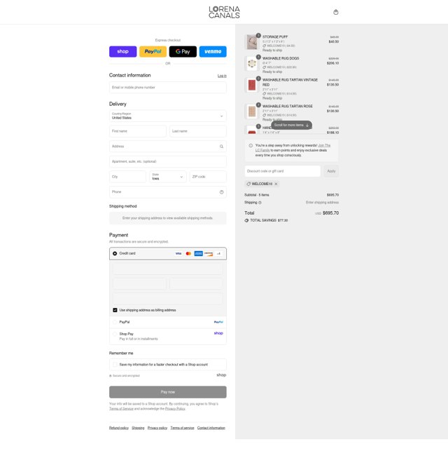 Lorena Canals checkout page showing Lorena Canals promo code box | Screenshot taken by SimplyCodes community member on Sep 5, 2025