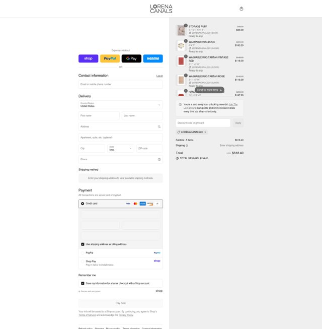 Lorena Canals checkout page showing Lorena Canals promo code box | Screenshot taken by SimplyCodes community member on Sep 5, 2025