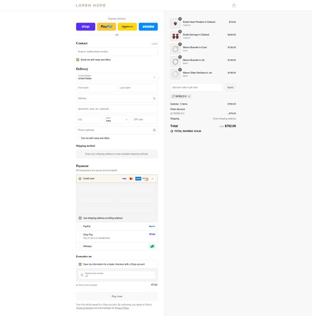 Loren Hope checkout page showing Loren Hope discount code box | Screenshot taken by SimplyCodes community member on Sep 4, 2025