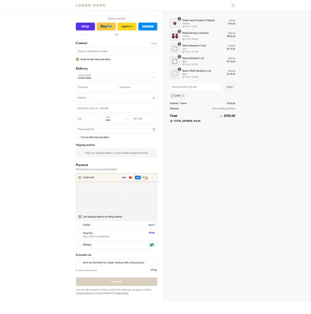 Loren Hope checkout page showing Loren Hope discount code box | Screenshot taken by SimplyCodes community member on Sep 4, 2025