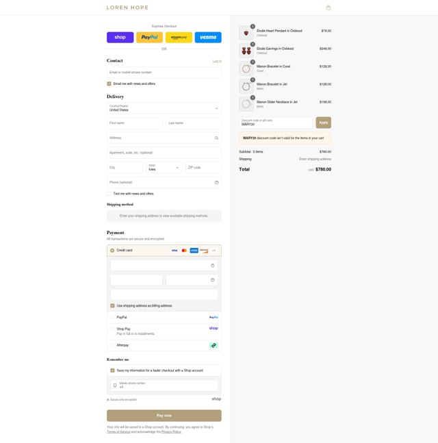 Loren Hope checkout page showing Loren Hope discount code box | Screenshot taken by SimplyCodes community member on Sep 4, 2025