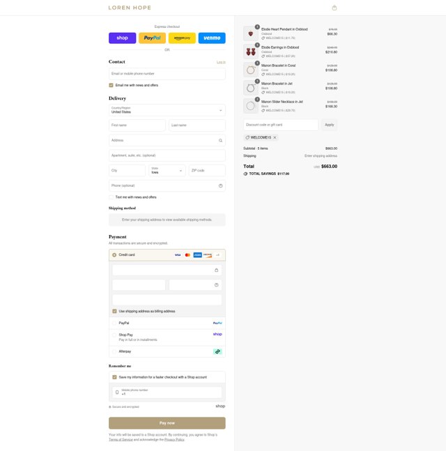 Loren Hope checkout page showing Loren Hope discount code box | Screenshot taken by SimplyCodes community member on Sep 4, 2025