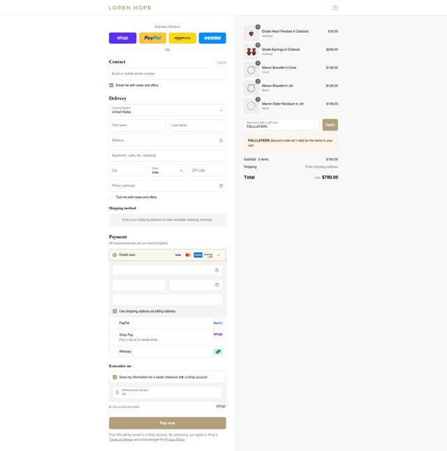 Loren Hope checkout page showing Loren Hope discount code box | Screenshot taken by SimplyCodes community member on Sep 4, 2025