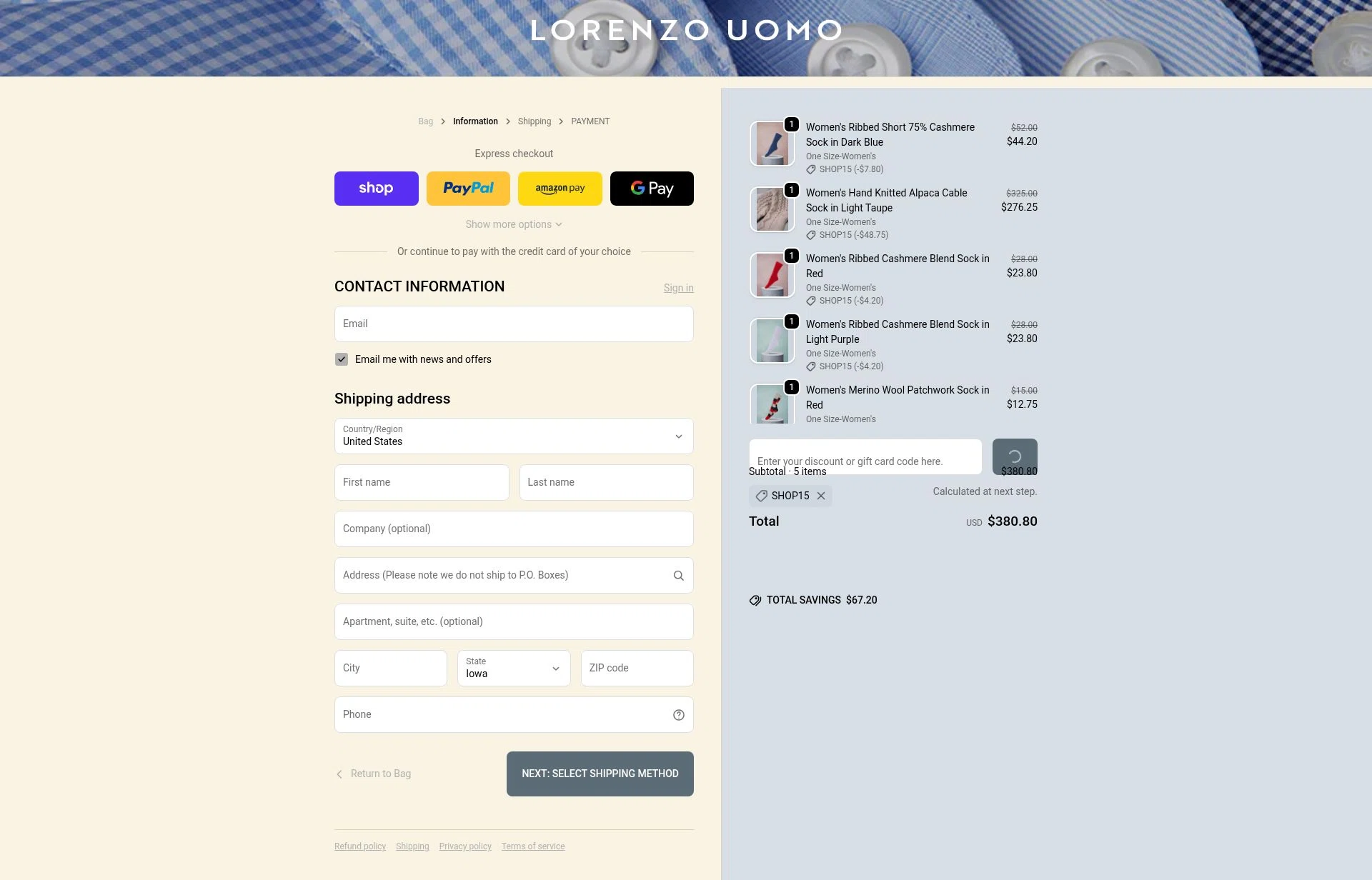 Lorenzo Uomo checkout page showing Lorenzo Uomo discount code box | Screenshot taken by SimplyCodes community member on Feb 11, 2026