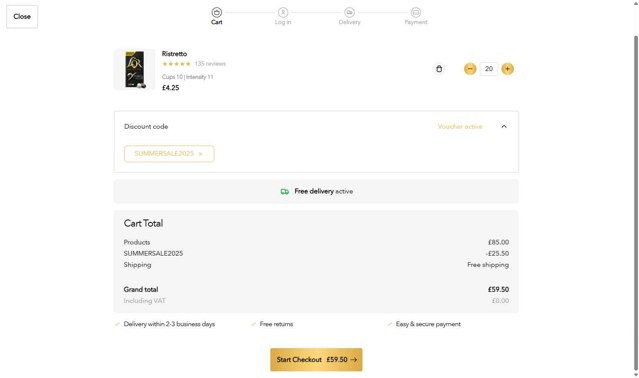 L'OR Espresso checkout page showing L'OR Espresso promo code box | Screenshot taken by SimplyCodes community member on Aug 2, 2025