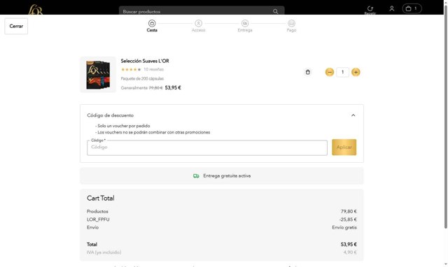 L'OR Espresso checkout page showing L'OR Espresso promo code box | Screenshot taken by SimplyCodes community member on May 2, 2025