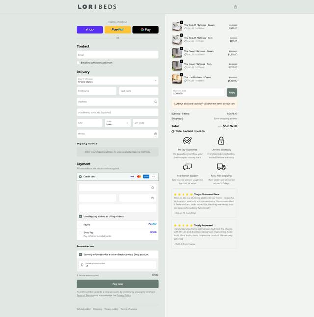 Lori Beds checkout page showing Lori Beds discount code box | Screenshot taken by SimplyCodes community member on Sep 23, 2025