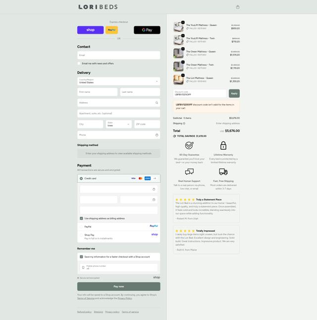 Lori Beds checkout page showing Lori Beds discount code box | Screenshot taken by SimplyCodes community member on Sep 23, 2025