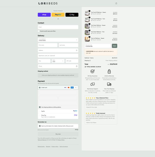 Lori Beds checkout page showing Lori Beds discount code box | Screenshot taken by SimplyCodes community member on Sep 23, 2025