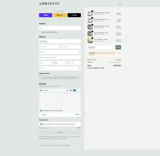 Lori Beds checkout page showing Lori Beds discount code box | Screenshot taken by SimplyCodes community member on Oct 1, 2025