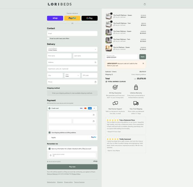 Lori Beds checkout page showing Lori Beds discount code box | Screenshot taken by SimplyCodes community member on Oct 1, 2025