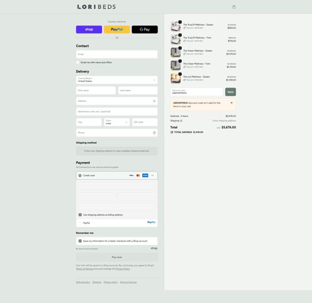 Lori Beds checkout page showing Lori Beds discount code box | Screenshot taken by SimplyCodes community member on Oct 1, 2025