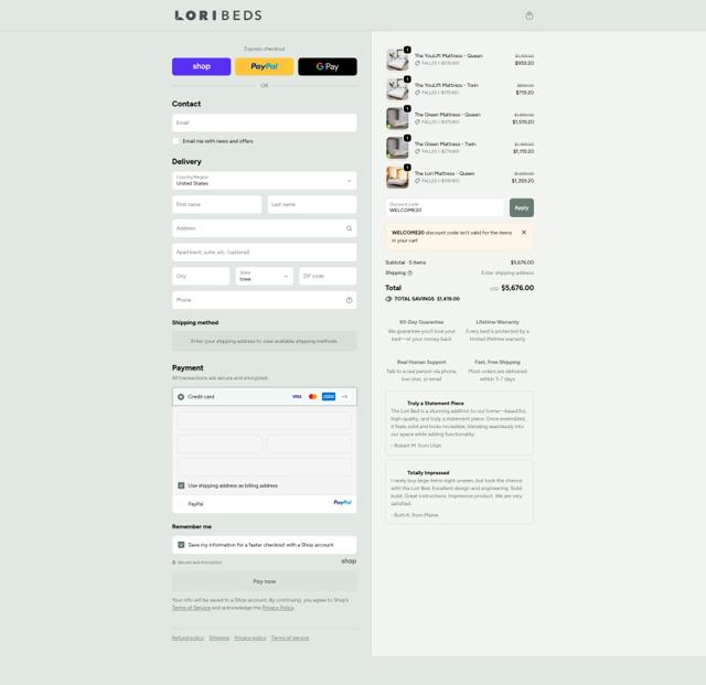 Lori Beds checkout page showing Lori Beds discount code box | Screenshot taken by SimplyCodes community member on Oct 1, 2025
