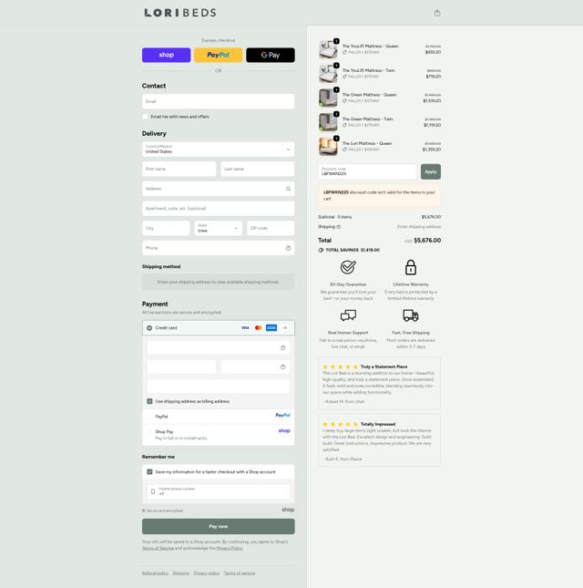 Lori Beds checkout page showing Lori Beds discount code box | Screenshot taken by SimplyCodes community member on Sep 23, 2025