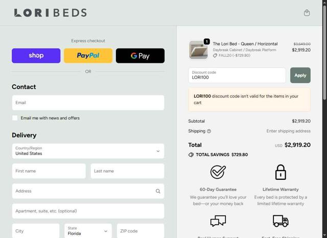 Lori Beds checkout page showing Lori Beds discount code box | Screenshot taken by SimplyCodes community member on Sep 30, 2025