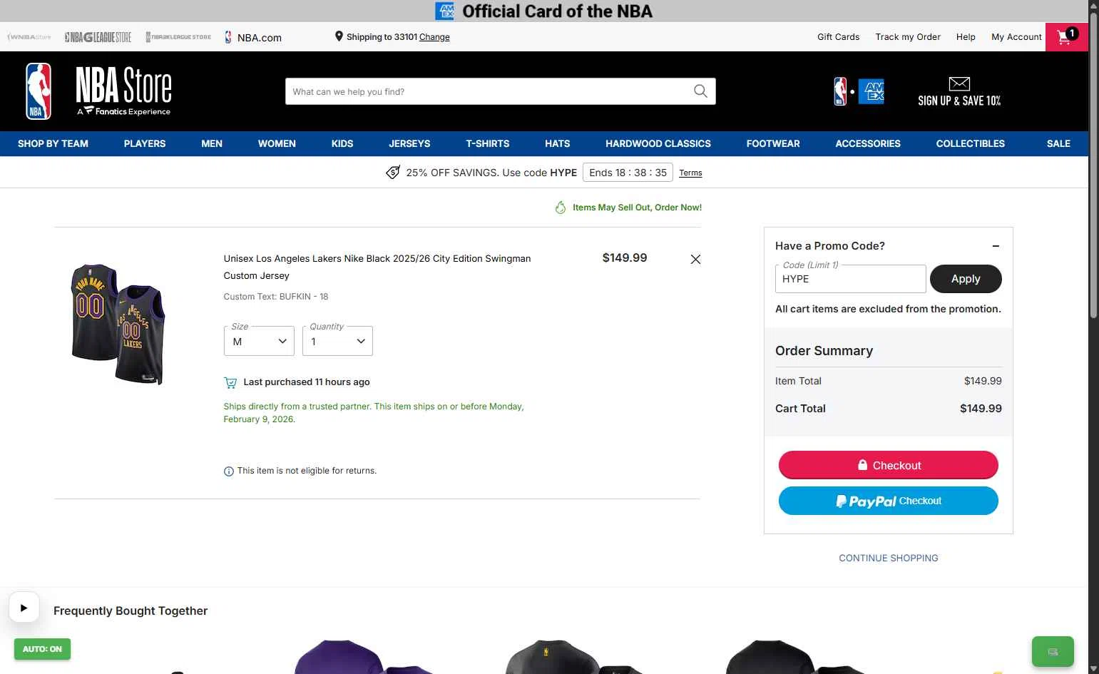Los Angeles Lakers checkout page showing Los Angeles Lakers promo code box | Screenshot taken by SimplyCodes community member on Jan 16, 2026