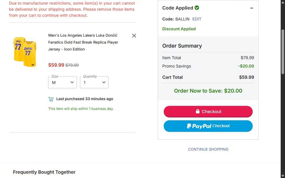 Los Angeles Lakers checkout page showing Los Angeles Lakers promo code box | Screenshot taken by SimplyCodes community member on Jan 23, 2026