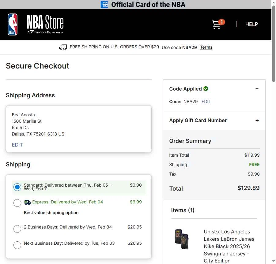 Los Angeles Lakers checkout page showing Los Angeles Lakers promo code box | Screenshot taken by SimplyCodes community member on Jan 31, 2026