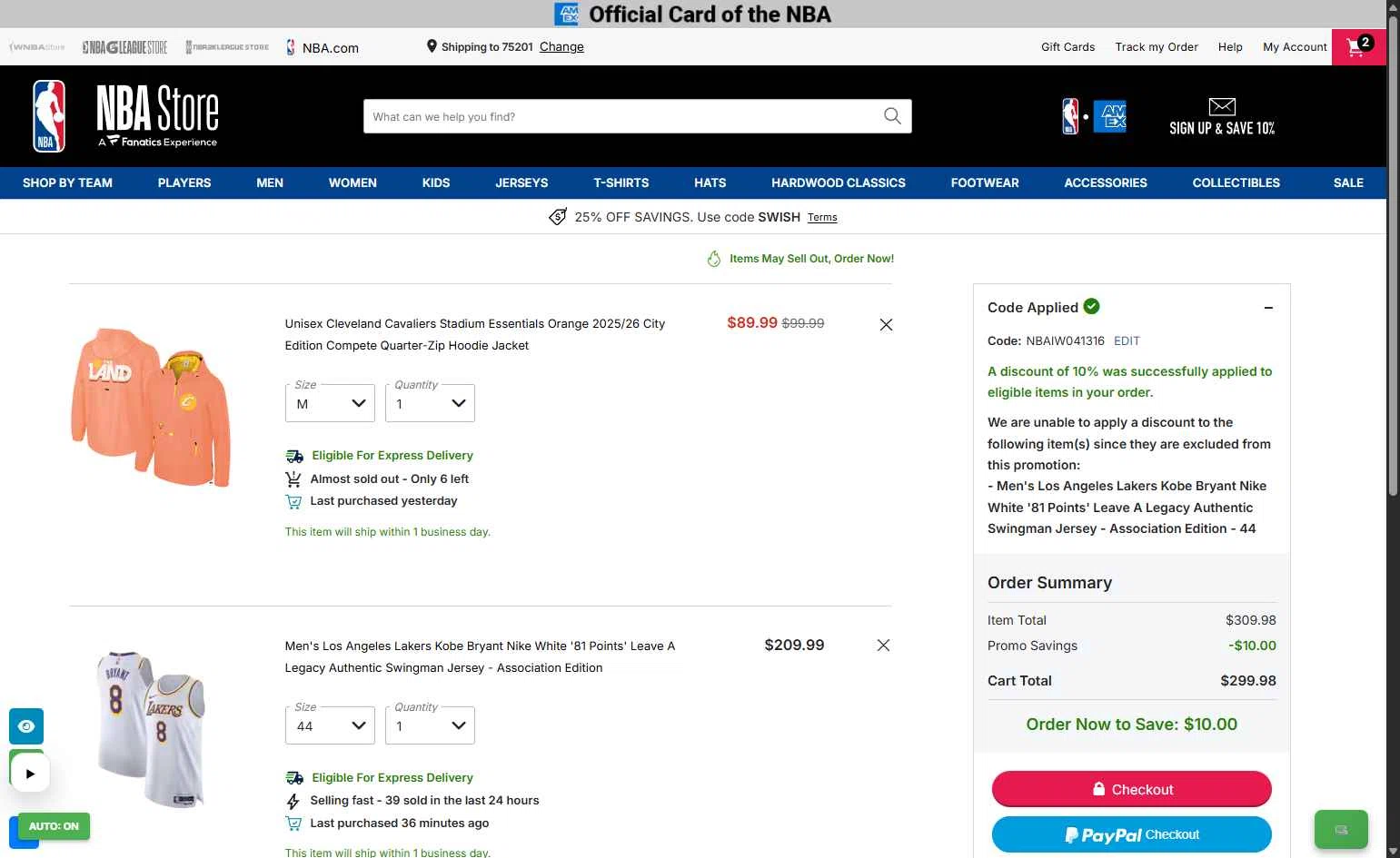 Los Angeles Lakers checkout page showing Los Angeles Lakers promo code box | Screenshot taken by SimplyCodes community member on Jan 29, 2026