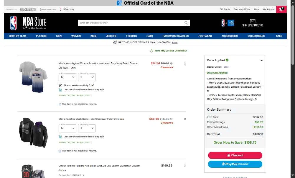 Los Angeles Lakers checkout page showing Los Angeles Lakers promo code box | Screenshot taken by SimplyCodes community member on Dec 28, 2025