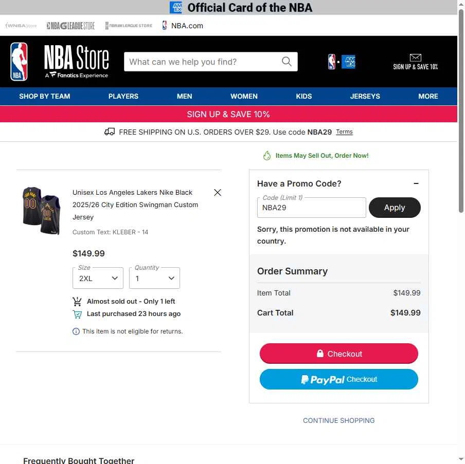 Los Angeles Lakers checkout page showing Los Angeles Lakers promo code box | Screenshot taken by SimplyCodes community member on Jan 1, 2026