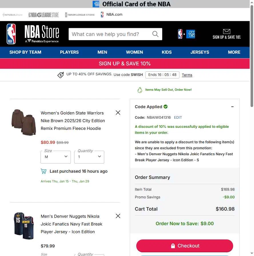 Los Angeles Lakers checkout page showing Los Angeles Lakers promo code box | Screenshot taken by SimplyCodes community member on Dec 31, 2025